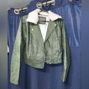 Green Faux Leather Jacket with Optional White Collar